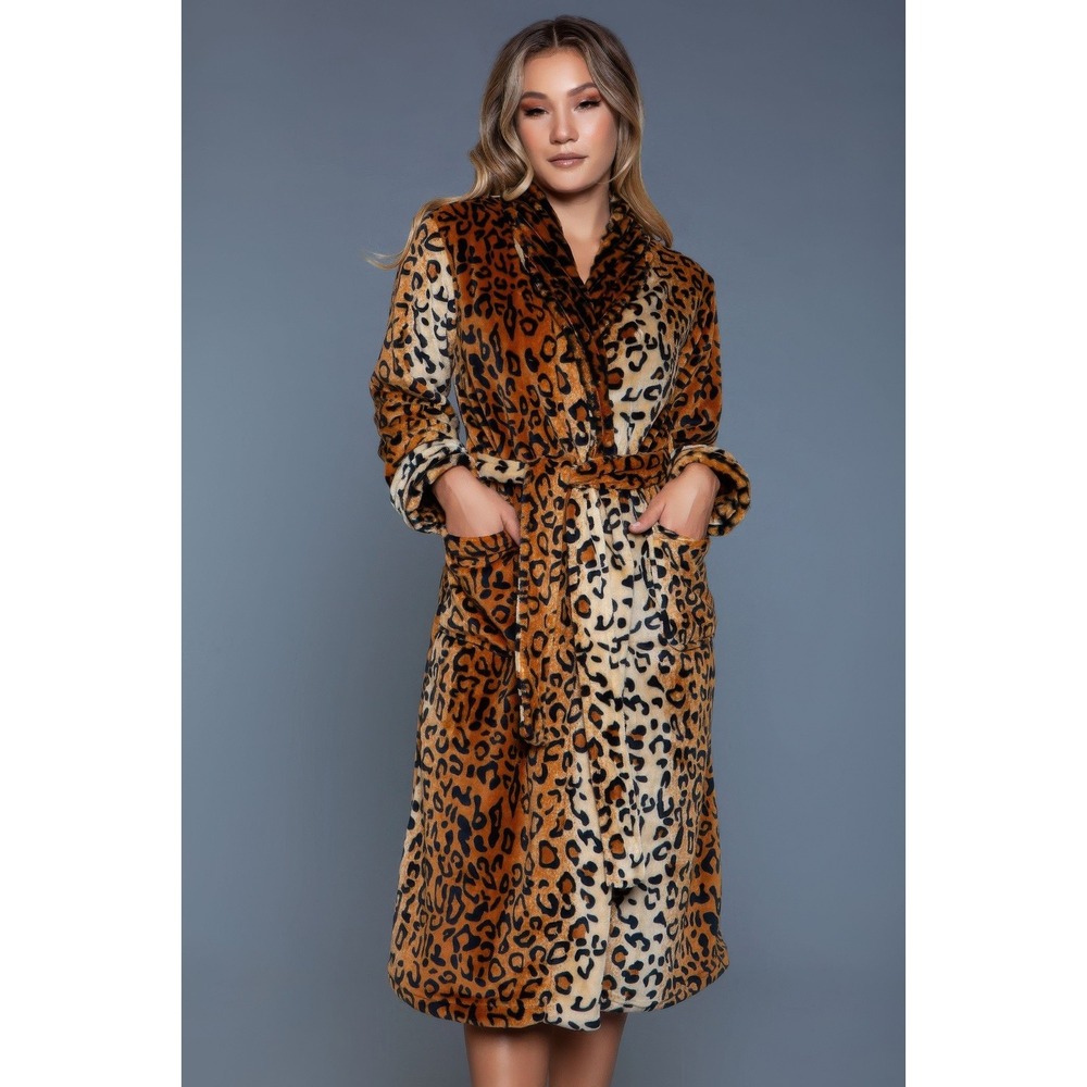 Women's Luxe‎ Leopard Print Faux Fur Robe Cozy Plush Shawl Collar Bathrobe